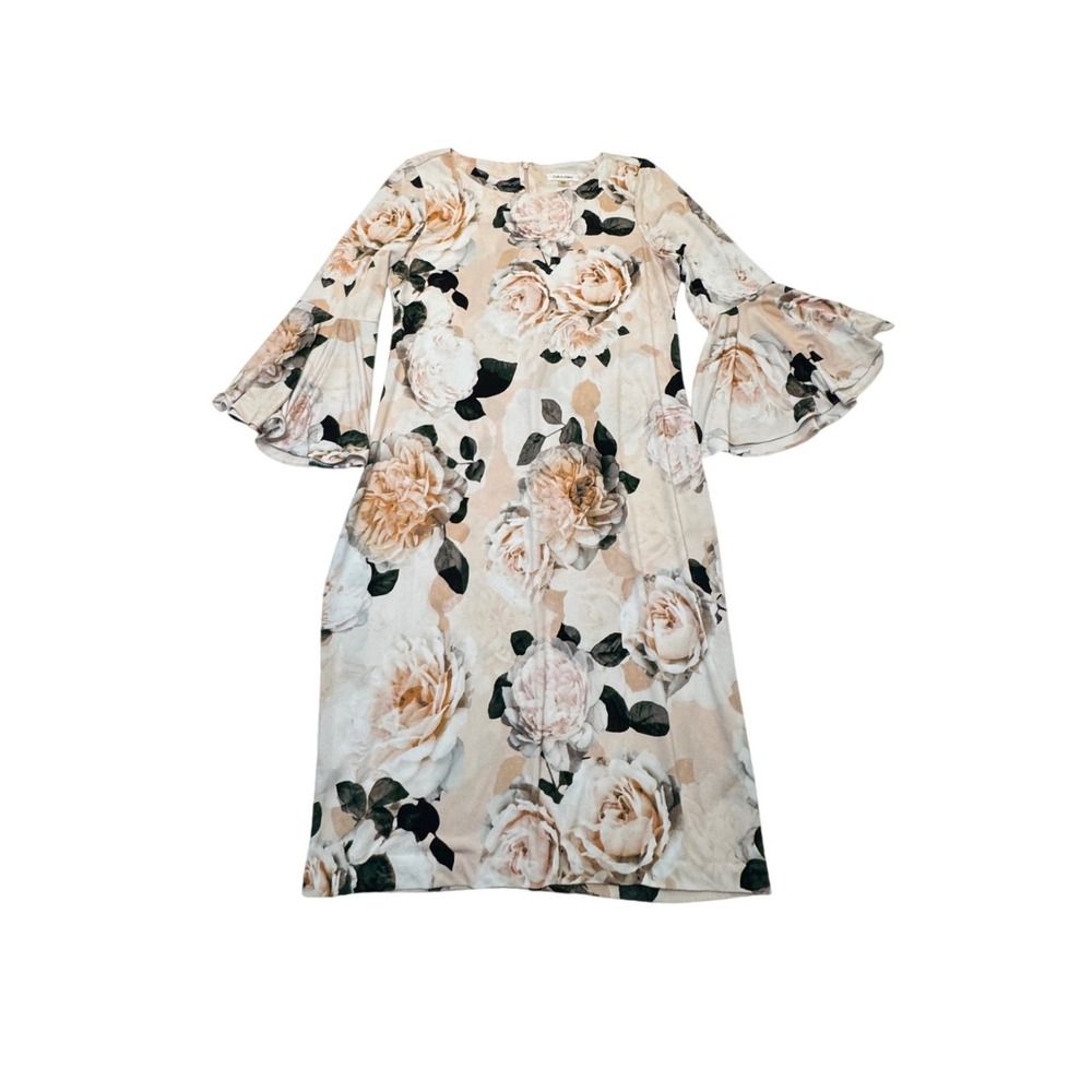 Calvin Klein Women Floral Dress Bell Sleeve Stretch Pink 10 Romantic Coquette